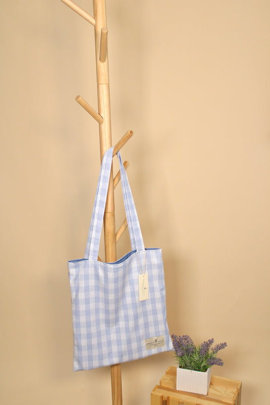 Flat Tote Bag - Baby Blue Plaid