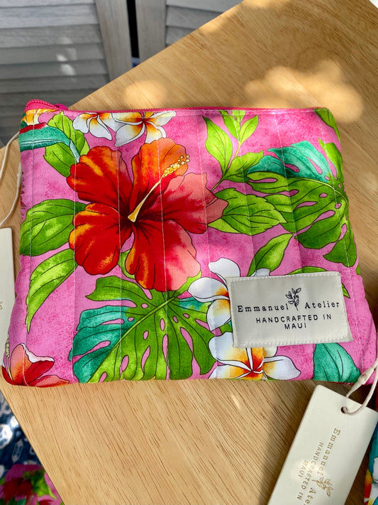 Medium Quilted Pouch - Coral Aloha