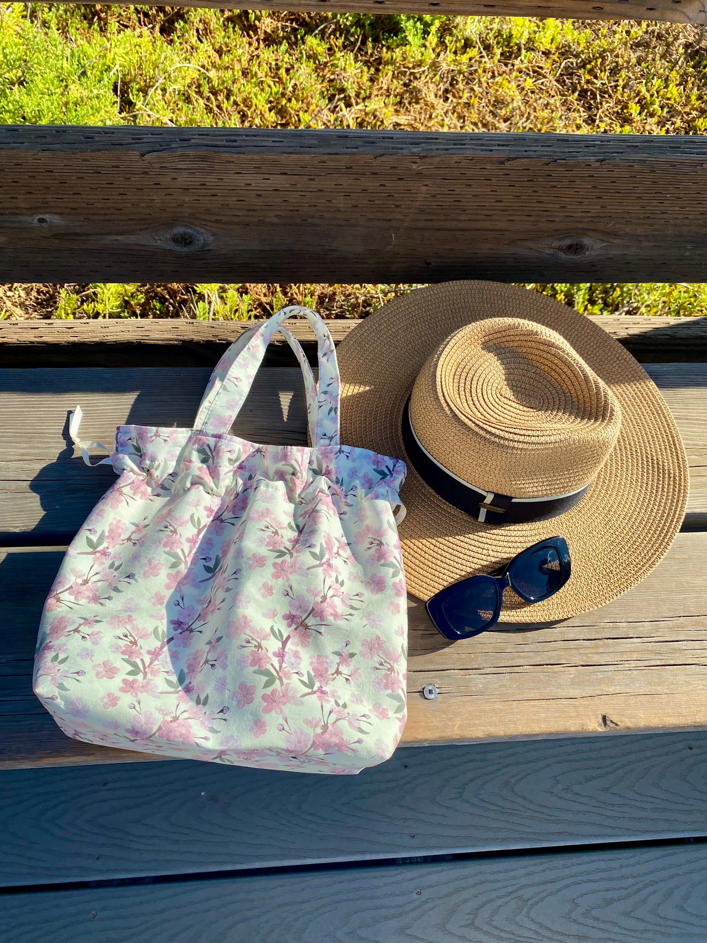 Drawstring Pouch - Cream Cherry Blossom