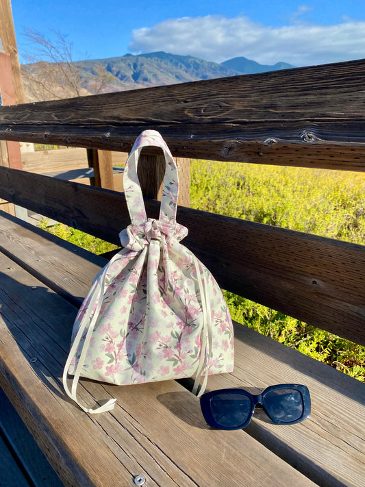 Drawstring Pouch - Cream Cherry Blossom