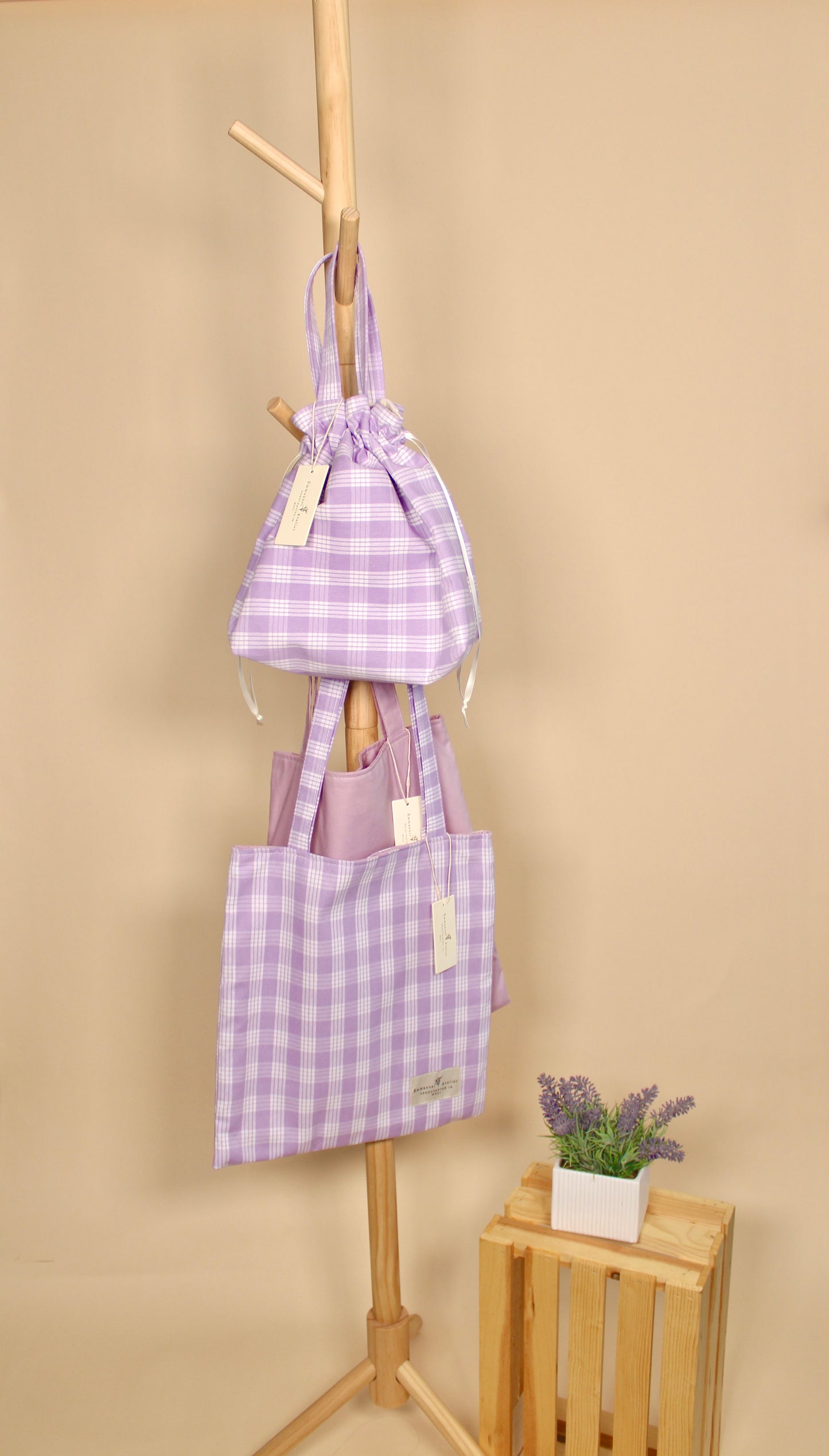 Drawstring Pouch - Lavender Plaid