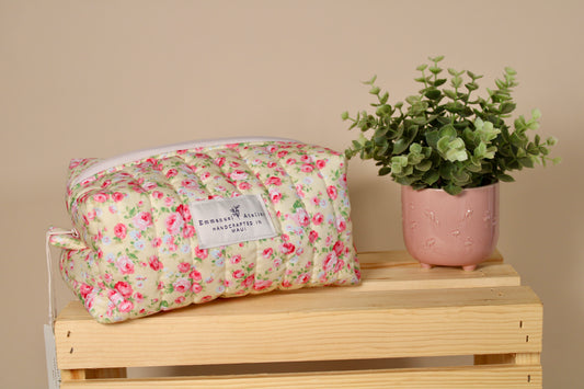 Quilted Jumbo Box Pouch -  Pink Rose