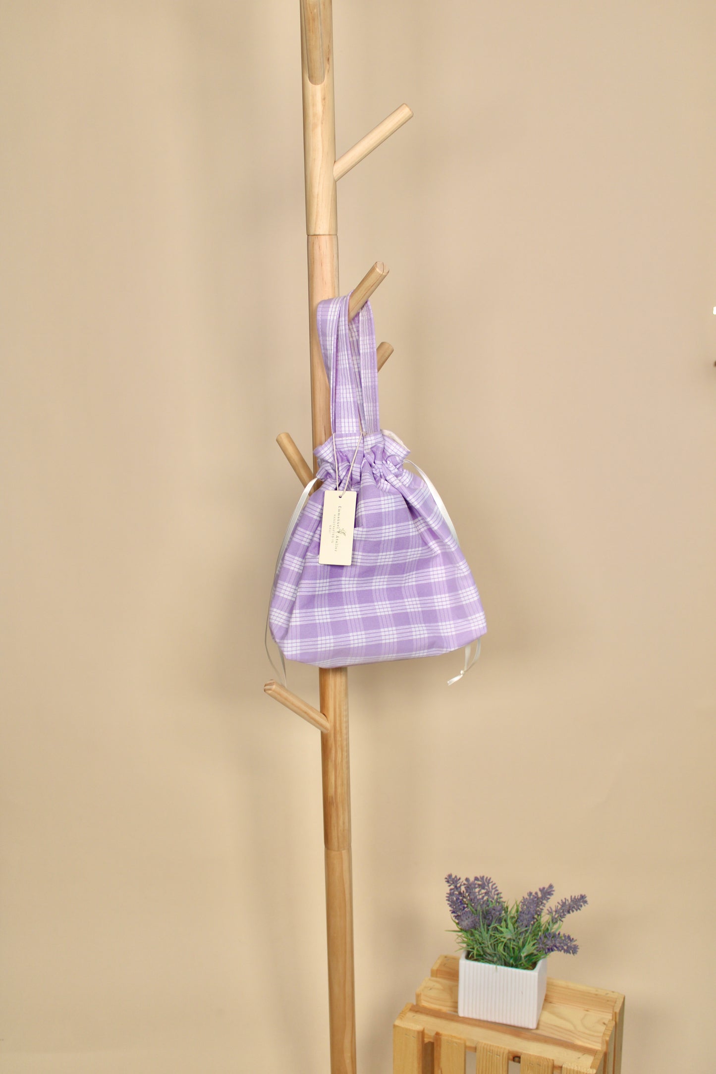 Drawstring Pouch - Lavender Plaid