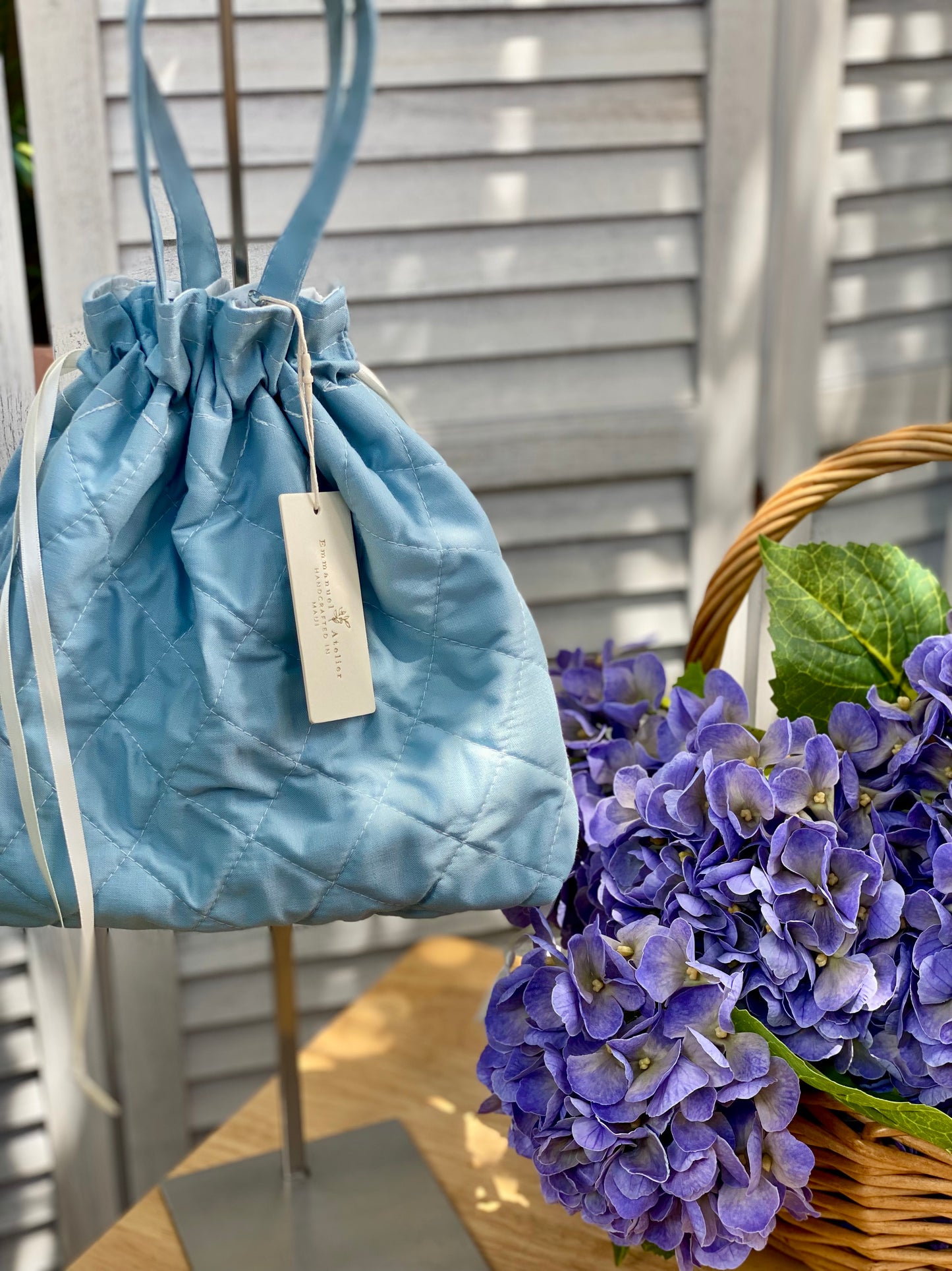 Quilted Drawstring Pouch - Solid Blue