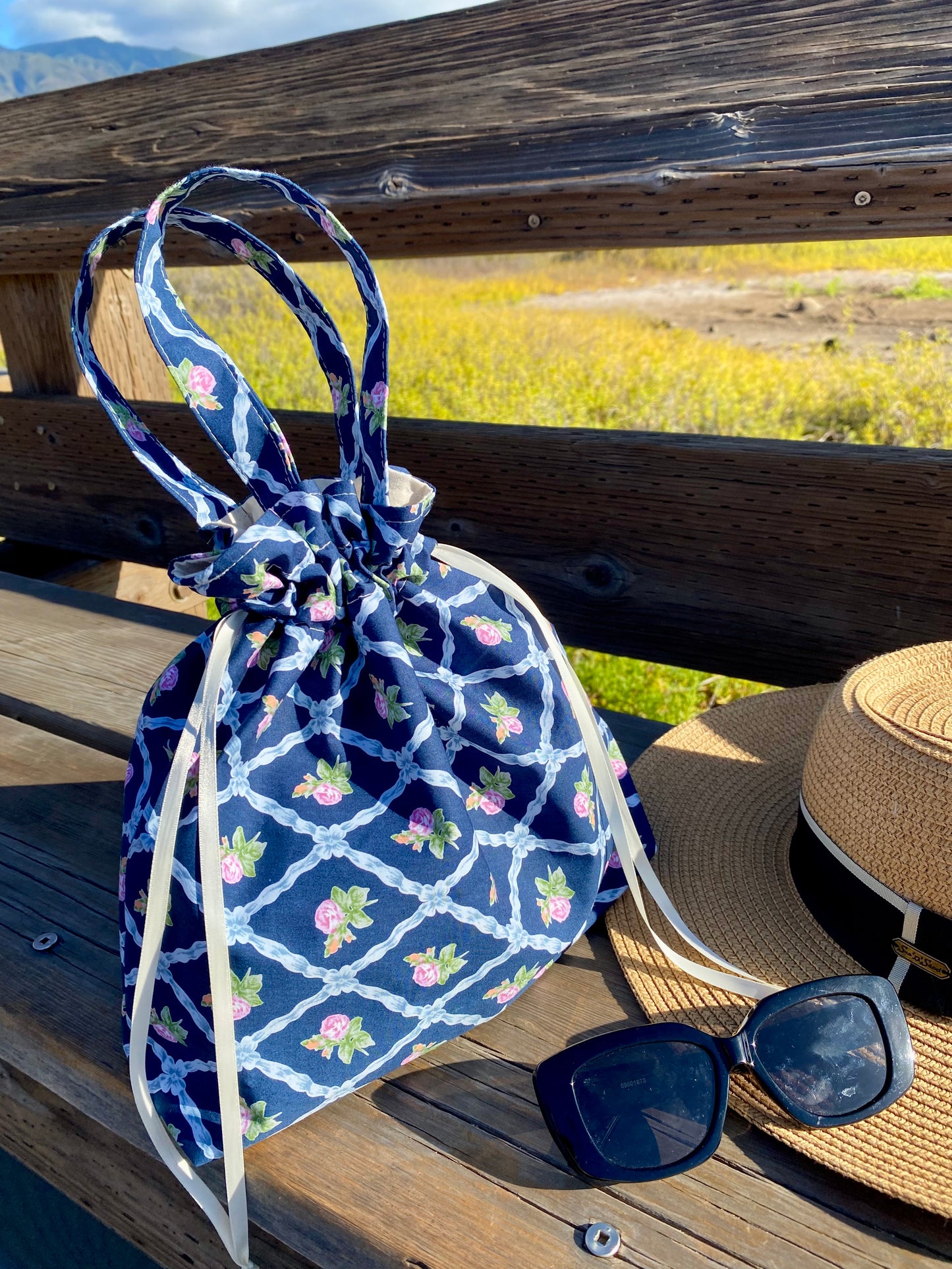 Drawstring Pouch - Navy Rose