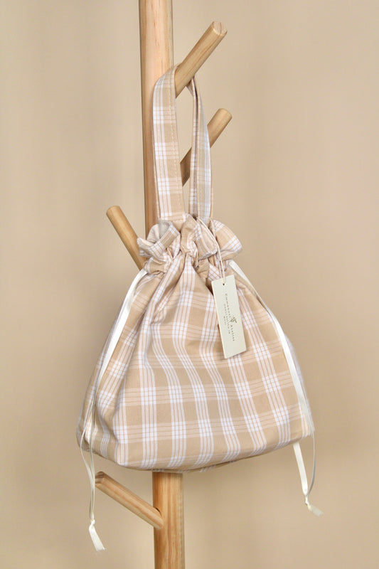 Drawstring Pouch - Light Brown Plaid