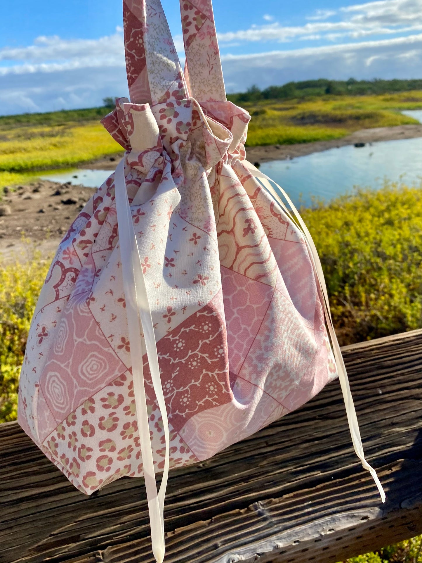 Drawstring Pouch - Pink Patchwork