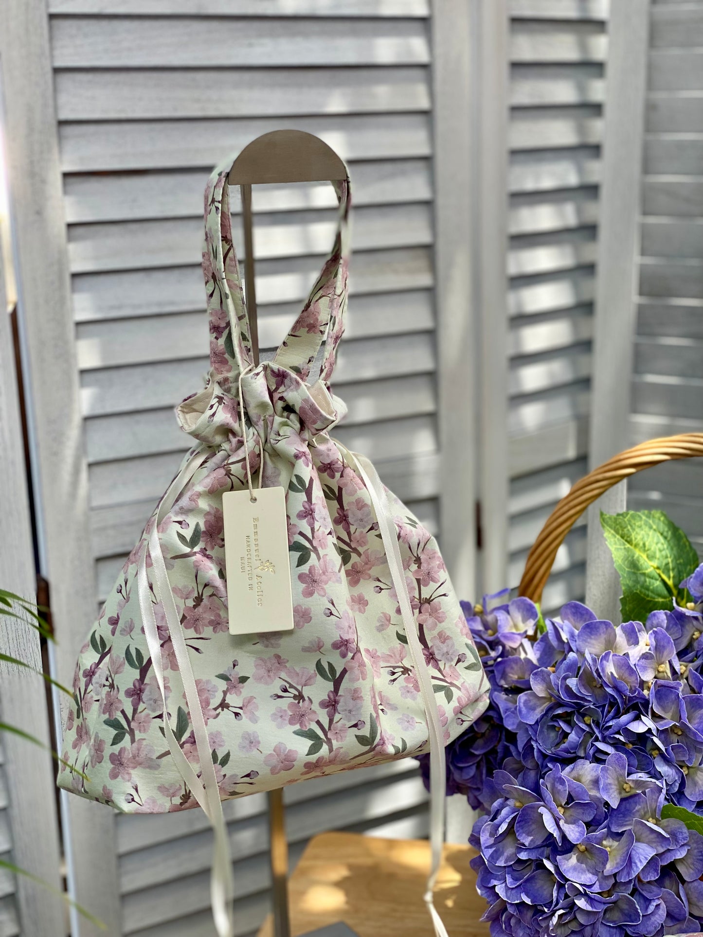 Drawstring Pouch - Cream Cherry Blossom