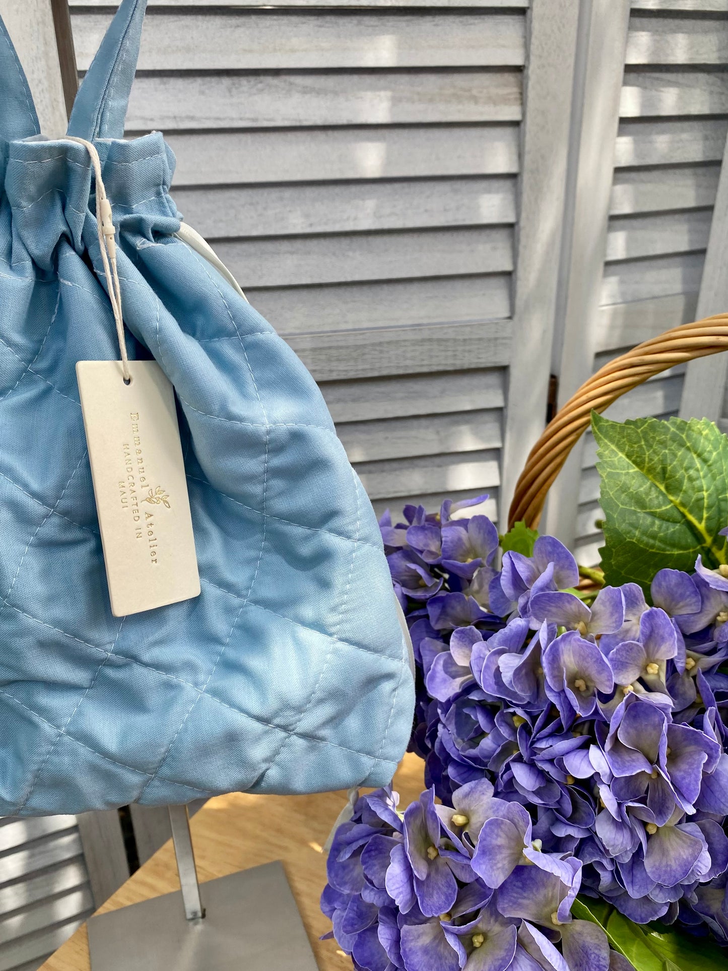 Quilted Drawstring Pouch - Solid Blue