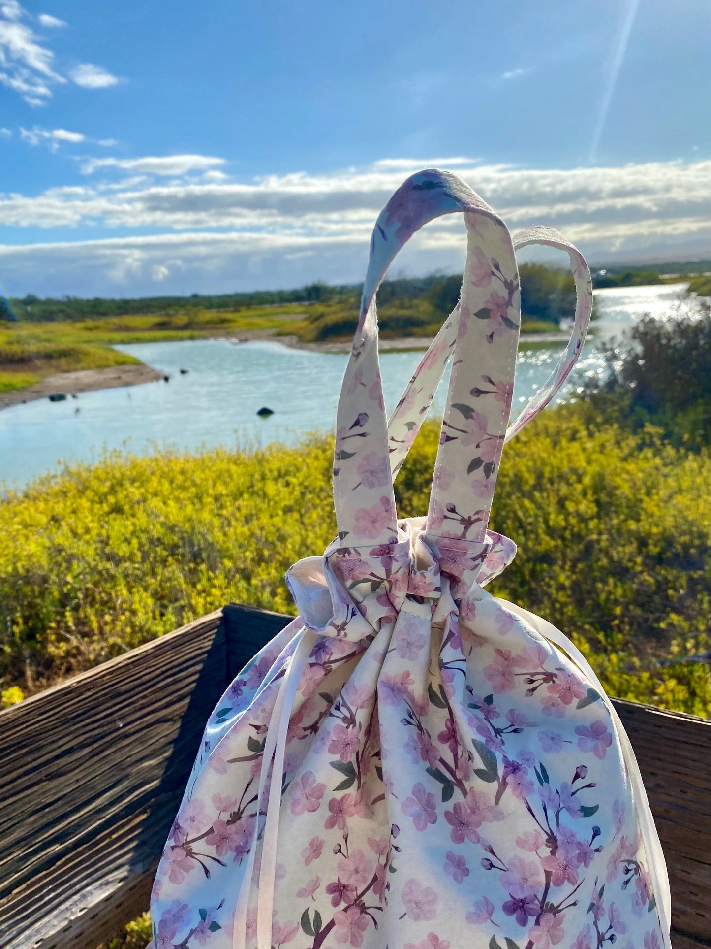 Drawstring Pouch - Cream Cherry Blossom