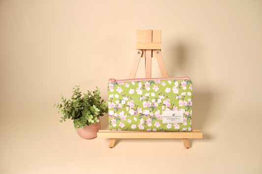 Flat Zippered Pouch - Lime Cherry Blossom