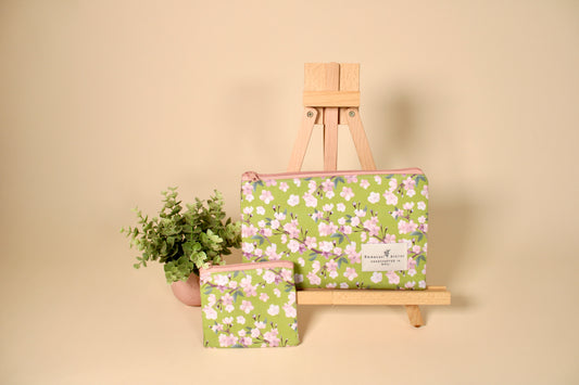 Flat Zippered Pouch - Lime Cherry Blossom