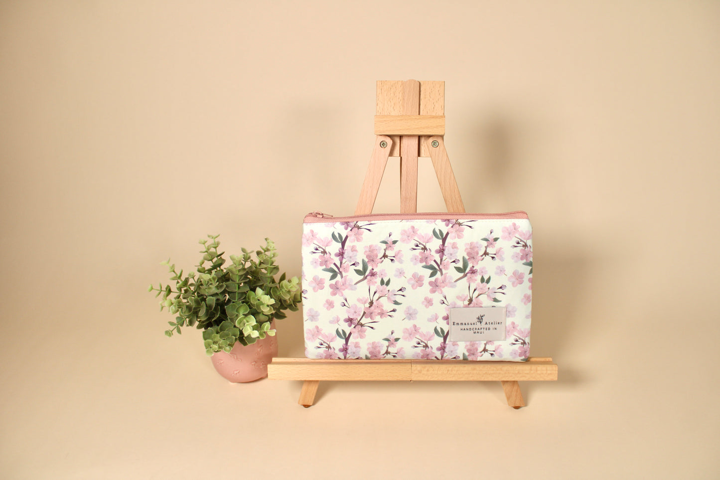 Flat Zippered Pouch - Cream Cherry Blossom