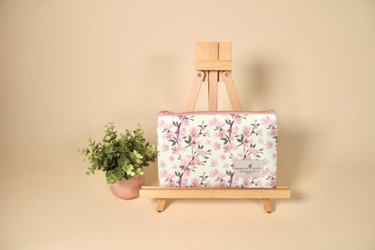 Flat Zippered Pouch - Cream Cherry Blossom