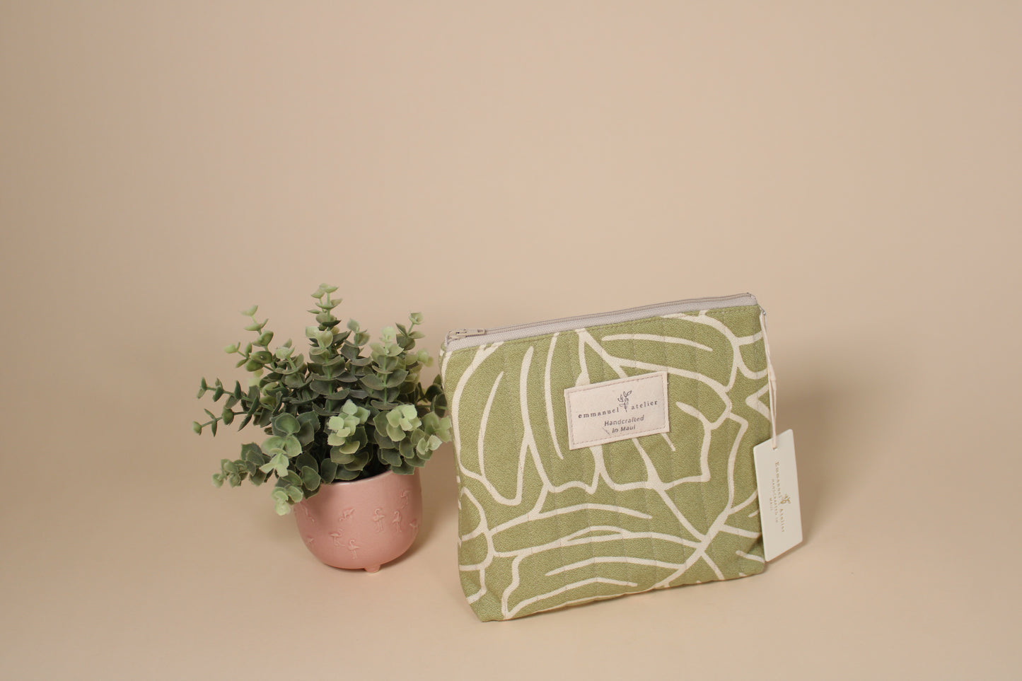 Quilted Standing Pouch  - Moss Green Monstera