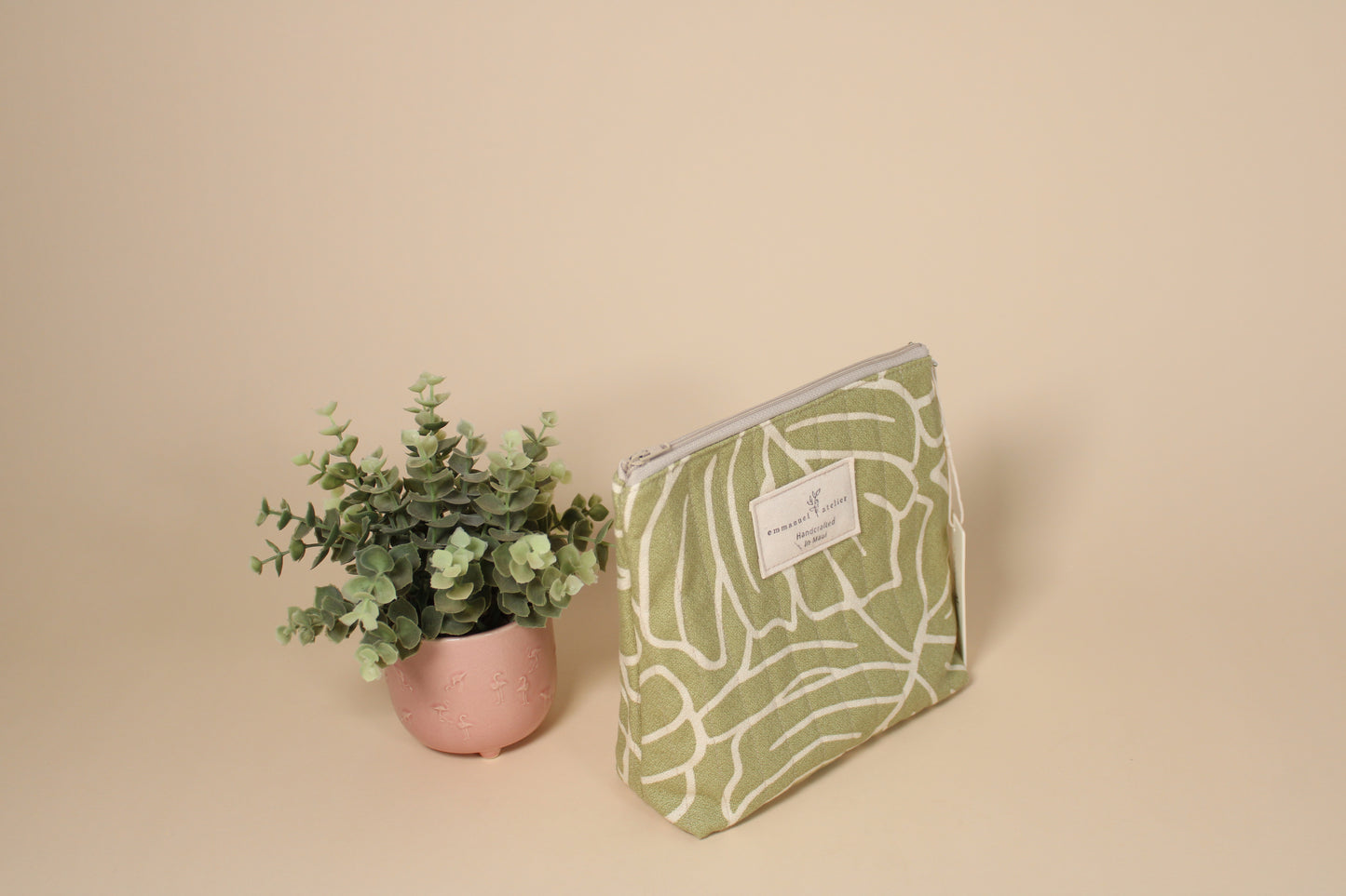 Quilted Standing Pouch  - Moss Green Monstera