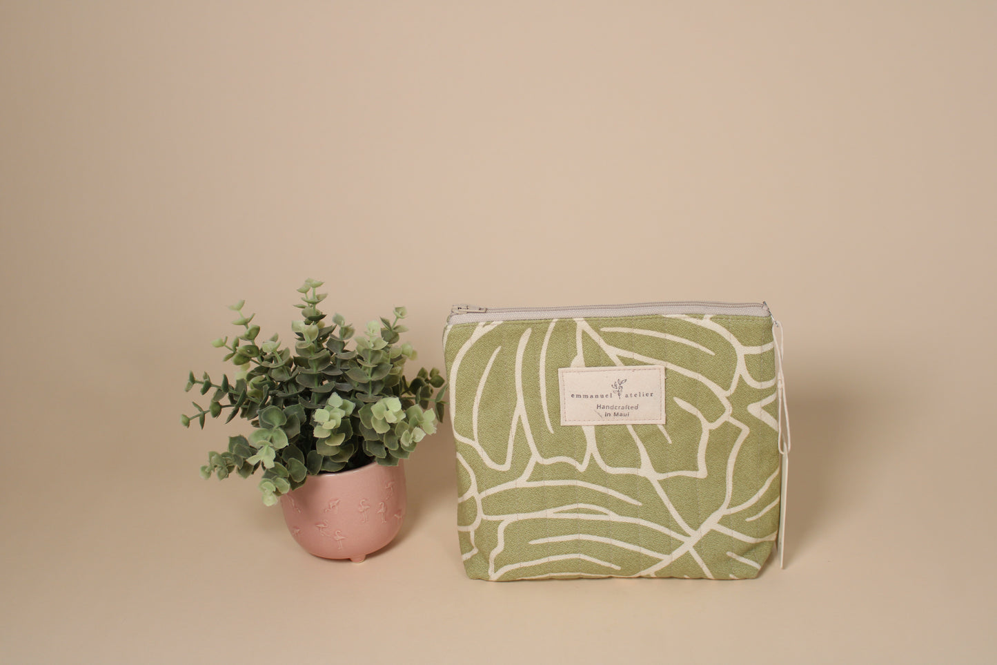 Quilted Standing Pouch  - Moss Green Monstera